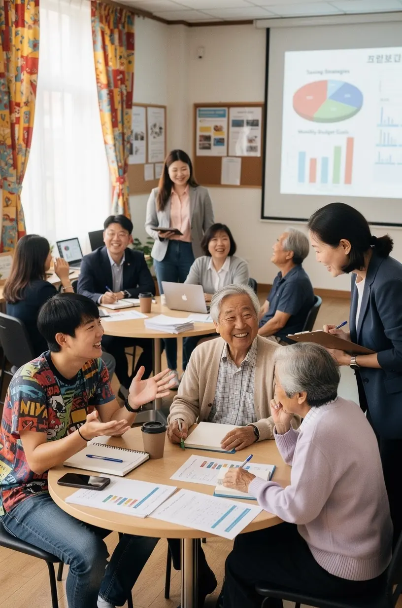 Záber na účastníkov klubu rozpočtovania pri spoločnej práci s laptopmi a papiermi.