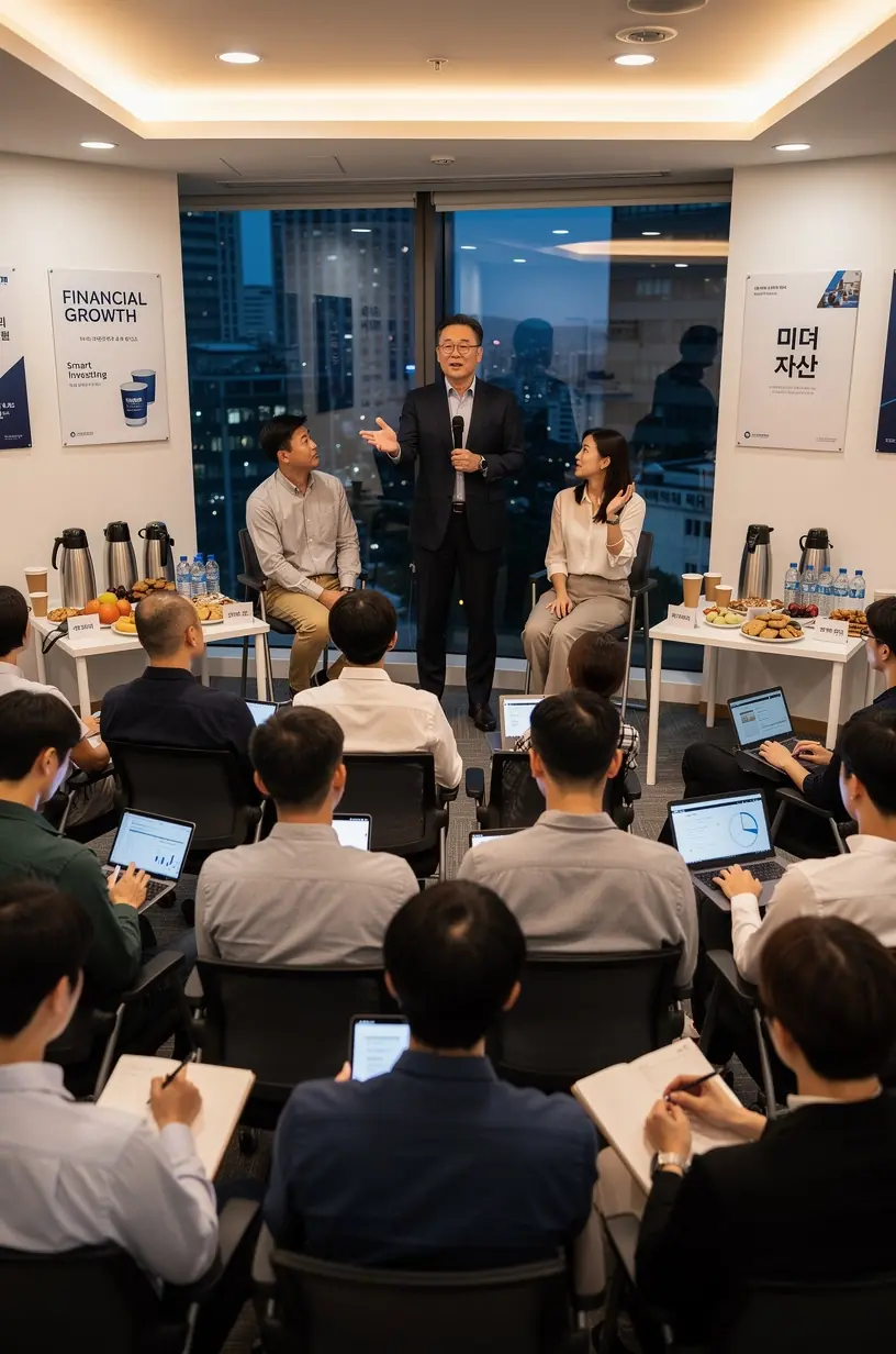 Skupina ľudí diskutuje o finančných stratégiách počas mesačného stretnutia.